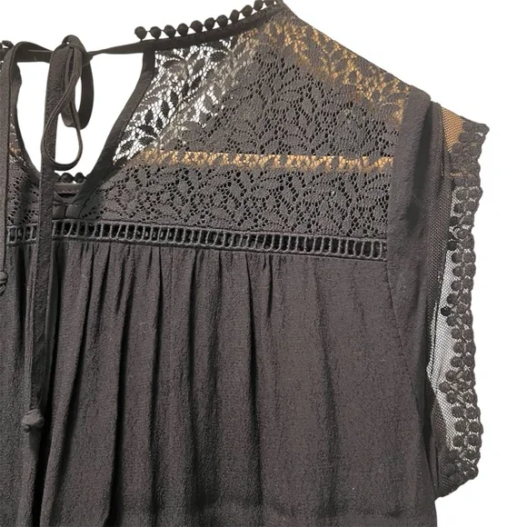 Anthropologie Meadow Rue Black Rayon Blouse Sz S Embellished Eyelet Tie Closure - Picture 2 of 7